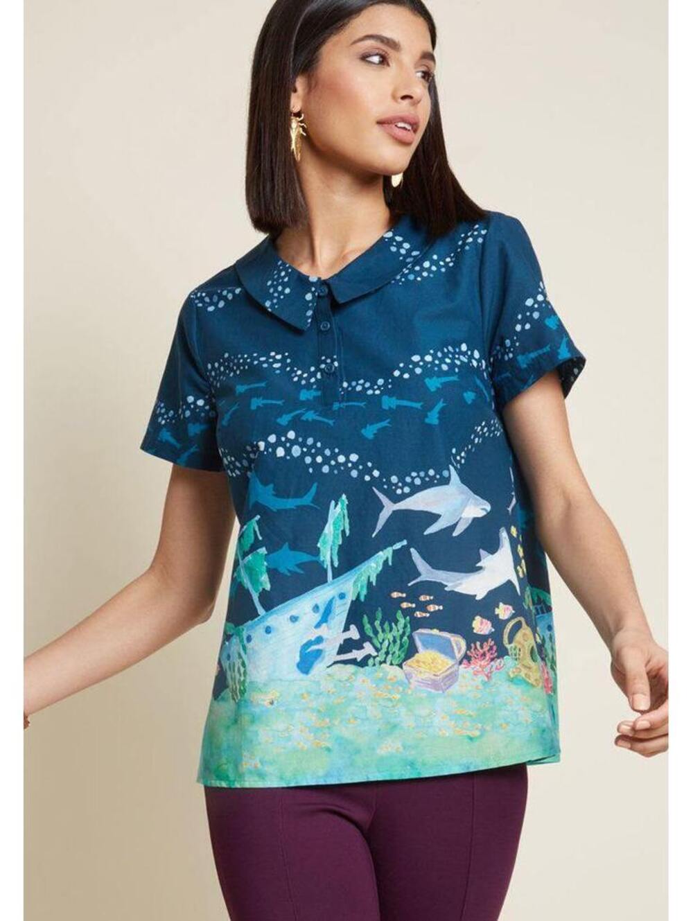 ModCloth Whimsical Retro Inspired Ocean Sea Short Sleeved Button Up Shirt, S